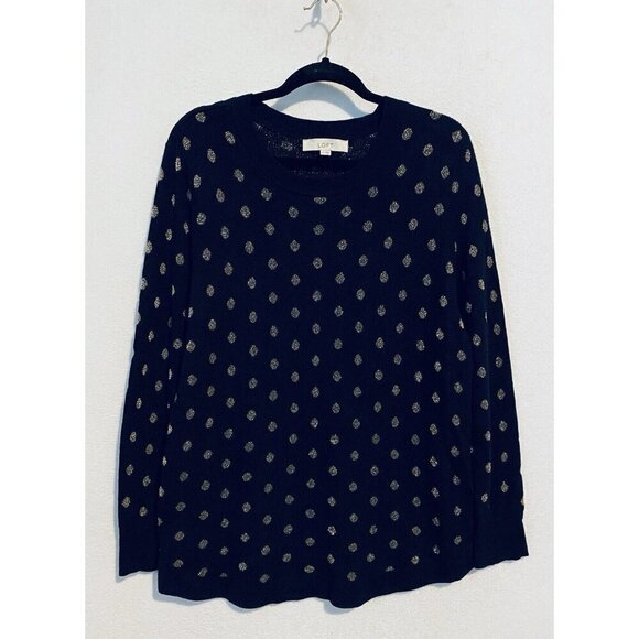 LOFT Sweater Womens XL Navy Blue Gold Polka Dot Crew Neck Wool Blend Pullover - Picture 1 of 6